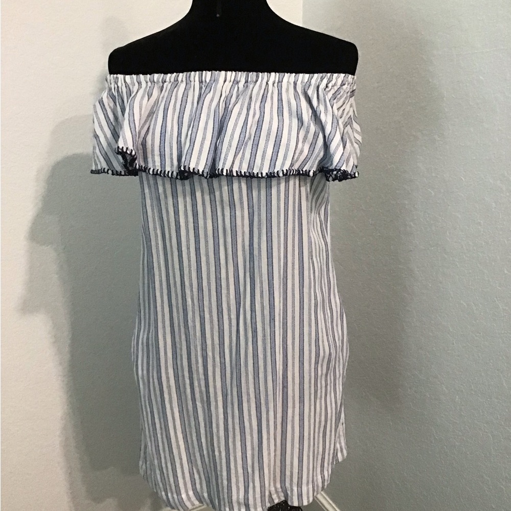 Tommy Bahama Ticking Stripe Blue And White Off-Shoulder Dress/Swim Cover-Up View 2